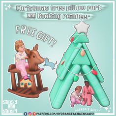 a christmas tree pillow fort and rocking reindeer with an illustration of a girl on a rocking horse