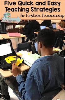 a man sitting at a desk with a laptop computer in front of him and the words five quick and easy teaching strategies to foster learning