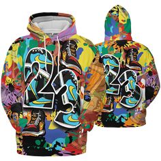 Mid-GS-Six-Championships-1s-Hoodie-Match-Number-23-Paint-Too-Many-Sneakers Sporty Multicolor Hoodie For Winter, Multicolor Graffiti Print Tops For Fall, Urban Multicolor Hoodie For Winter, Trendy Multicolor Sweatshirt For Streetwear, Casual Graffiti Print Hoodie For Fall, Casual Sweatshirt With Graffiti Print For Fall, Casual Winter Tops With Graffiti Print, Casual Winter Tops With All Over Print, Sporty Graffiti Print Hoodie For Fall