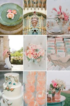 a collage of photos with flowers, candles and wedding cake on them in pastel colors