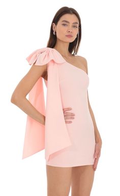 One Shoulder Bow Dress in Pink | LUCY IN THE SKY Father Daughter Dance Dresses, Cute Hoco Dresses, Pink Bow Dress, Rush Outfits, Cute Clothing Stores, Cute Casual Dresses, Banquet Dresses, Cute Preppy Outfits