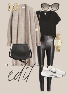 Winter Outfits Office Casual, Target Leggings Outfits, Casual Outfits Accessories, European Night Outfits, Evereve Outfits Fall 2022, Vegan Leather Shirt Outfit, Nice Womens Outfits, Jeans And Black T Shirt Outfit, Vegas Day Time Outfits Winter