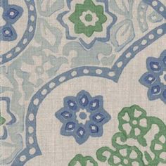 a blue and green floral pattern on fabric