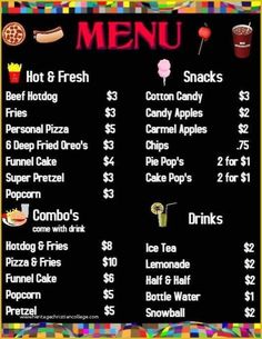 a menu with different types of food and drinks on the blackboard, including hot dogs