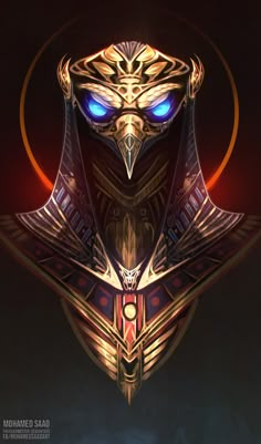 a stylized image of an alien mask with glowing blue eyes and gold details on its face