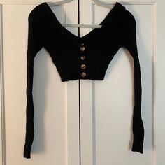 Never Worn. Pretty Thick Material. Winter Black Tops With Button Closure, Black Tops With Button Closure For Fall, Black Cropped Top With Buttons, Winter Tops With Buttons For Night Out, Black Top With Buttons For Night Out, Black Buttoned Top For Night Out, Black Tops With Buttons For Night Out, White Crop Sweater, Sweaters Black