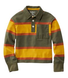 With an easygoing fit and fun colors kids love, our classic rugby shirt is made to be worn season after season, kid after kid. Relaxed Fit. 100% cotton. Machine wash and dry. Authentic design with woven twill placket, chest pocket and rubber buttons. Imported. | Kids' Striped Rugby Shirt, Cotton/Rubber Sporty Cotton Polo Shirt For Fall, Multicolor Long Sleeve Cotton Polo Shirt, Yellow Cotton Sporty Polo Shirt, Green Polo Collar Top For Fall, Yellow Sporty Cotton Polo Shirt, Sporty Cotton Polo Shirt For School, Yellow Long Sleeve Cotton Polo Shirt, Authentic Design, Rugby Shirt