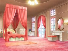 a bedroom with pink carpet and red curtains