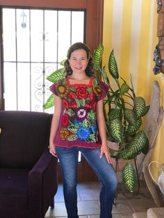 "Mexican blouse, blouse with beautiful multicolored floral embroidery, fresh blanket blouse, ethnic blouse, hand-embroidered blouse. This blouse is one size and fits S/M We ship anywhere in the word, from Tepic, Nayarit, mx. Made by artisans from Oaxaca, Mx Inch measure: WIDTH: from armpit to armpit: 20\" LONG: 24\" We recommend washing by hand with cold water, tender in the shade, to better preserve the original color." Mexican Floral Embroidery Blouses, Embroidery Mexican, Blanket Dress, Mexican Sandals, Mexican Blouse, Vintage Cowboy Boots, Mexican Dresses, Vintage Cowboy, Ethnic Dress