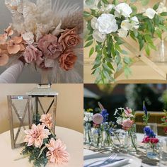 flowers and feathers are arranged in vases on the table