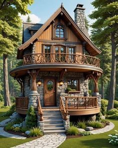 a small house in the woods with stairs leading up to it's second story