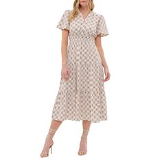 Introducing our August Sky Women's Round Split Neckline Printed Tiered Midi Dress, a delightful addition to your wardrobe. Featuring a split v-neckline and short flounce sleeves, it exudes feminine charm. The elastic waistline ensures a flattering fit, while the all-over geometric print adds a stylish touch. The tiered skirt enhances its playful elegance, and the dress is fully lined for comfort. Crafted from non-stretch fabric, this midi dress is perfect for any occasion, from casual outings to Feminine Spring Midi Dress With Notched Neckline, Spring Midi Dress With Notched Neckline In Feminine Style, Beige Floral Print V-neck Midi Dress, Summer Beige Midi Dress With Surplice Neckline, Beige Midi Dress With Surplice Neckline For Summer, Beige Surplice Neckline Midi Dress For Spring, Beige Midi Dress With Surplice Neckline For Spring, Smart Dress, Dress Cream