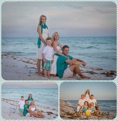 a family poses on the beach at sunset