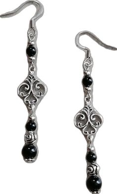 Black Gothic Pierced Earrings, Gothic Drop Earrings For Formal Occasions, Vintage Black Dangle Jewelry, Adjustable Gothic Onyx Jewelry, Gothic Dangle Pierced Earrings, Silver Onyx Gothic Jewelry, Elegant Black Bead Earrings, Handmade Black Gothic Earrings, Gothic Black Jewelry For Formal Occasions