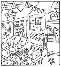 a black and white drawing of a room with teddy bears