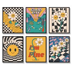 four different posters with smiley faces and checkered background, each featuring an image of flowers