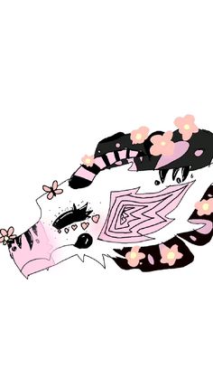 a drawing of a cat with pink flowers on its head and tail, sitting in front of a white background