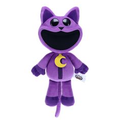 a purple stuffed animal with black eyes and a yellow crescent on it's chest