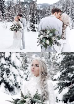 a bride and groom standing in the snow with their wedding bouquets wrapped around them