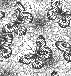 butterflies and flowers are drawn in black and white