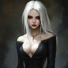 a painting of a woman with white hair and red eyes wearing a black corset