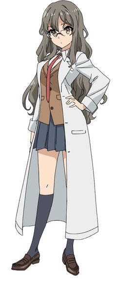 an anime character with long hair wearing a trench coat and skirt, standing in front of a