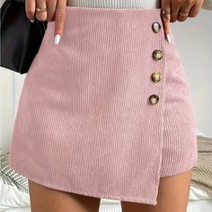 Button Decor Asymmetrical Hem Skort, Elegant High Waist Shorts For Fall & Winter, Women's Clothing Boutique Sizes Available In Lettering: Xs (2) S (4) M (6) L (8/10) Xl (12) Xxl (14) !!*Please Note*!! *This Is A Pre-Order Item And Requires A Longer Shipping Time. Please Allow 7-14 Business Days Before Shipping.* Thank You For Your Patience. Once Ordered Is Placed We Will Notify You Of An Expected Shipping Date. *See Pictures For Measurements. All Measurements Are Taken Manually And May Very Slig High Waist Shorts With Buttons, Trendy Buttoned Shorts, Asymmetrical Skirt With Buttons For Workwear, Chic Asymmetrical Skirt Bottoms With Buttons, High Waist Bottoms With Side Buttons For Spring, Fitted Mini Skirt With Side Buttons, Chic Pink Bottoms With Buttons, Elegant High Waist Pink Shorts, Chic Asymmetrical Skirt With Buttons