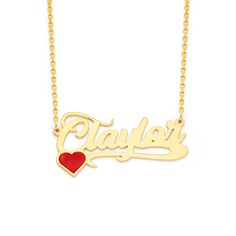 "How Can I put order Name Necklace ?This Single Red Heart Enamel filled name plate can be customized with any name you want. just click the - customize - now. Necklace is made of Solid Gold and Soldered jump rings to Chain to ensure connections are permanently secure. Personalized Name Necklace Details: Average Name Pendant Width: 1.57'' (40MM) Width depends on your name for the personalized name necklace.(Max: 8 letters)Average Name Pendant Height : 3/4 Inch (22 MM) Approx. Pendant Thickness: 1.1MM / 19 Gauge / 0.043\" It's Enamel, not filled with Spray Color: Enamel paint, is an oil paint we can use as an exterior paint or interior paint. we use enamel paint on metal surfaces that don't flex or shift over time. It's hard and shiny There are Six different chain lengths can be chosen, 14\" Enamel Name Necklace, Enamel Necklaces For Anniversary On Valentine's Day, Customizable Yellow Gold Necklace For Valentine's Day, Valentine's Day Yellow Gold Custom Nameplate Necklace, Personalized Enamel Jewelry For Valentine's Day, Mother's Day Personalized Enamel Necklaces, Gold Custom Necklace For Anniversary, Customizable Yellow Gold Necklaces For Valentine's Day, Customizable Red Jewelry For Personalized Gift