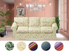 a living room filled with furniture and lots of different colored fabrics on the couches