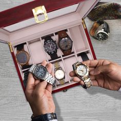 "This unique watch case is the perfect gift for any watch lover in your life. This watch box has a classic design that comes in black,brown,rosewood or wood and a custom engraved glass display making it a perfect gift. Choose between 6 slot or 10 slot. 10 Slot Watch Box measures 10\" x 8\" x 3\" 6 Slot Watch Box Measures 8\" x 6.5\" x 3 For other great groomsmen and men gifts click here: http://www.etsy.com/shop/TheWeddingPartyStore" Red Analog Display Watch Accessories As Gift, Luxury Watch Accessories With Date Display For Gift, Red Watch Accessories With Subdials As A Gift, Classic Formal Watch Accessories With Gift Box, Classic Red Watch Bands For Gift, Classic Red Watch Bands As Gift, Classic Red Watch Accessories For Gift, Classic Red Watch Accessories As A Gift, Classic Red Watch Accessories As Gift