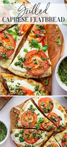 grilled caprese flatbread with tomatoes and basil on top, served with pesto sauce