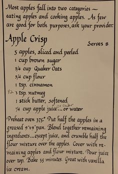 an apple crisp recipe is shown on a piece of paper with the instructions for it