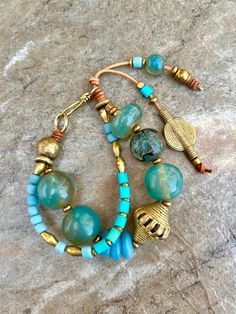 Bohemian Bracelet, Vintage Aqua Resin and African Tribal Beads Bohemian Chic Jewelry, Bohemian Bracelet, Hippie Bracelets, Beach Bracelets, Boho Chic Jewelry, Summer Bracelets, Bohemian Bracelets, African Beads, Bracelet Vintage