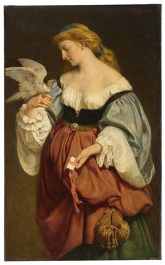 a painting of a woman holding a dove