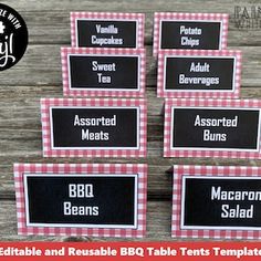 four red and white checkered labels with the words bbq beans in black on them