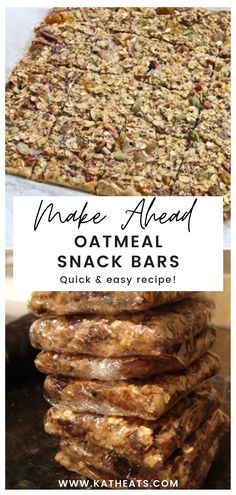 homemade oatmeal snack bars stacked on top of each other with text overlay