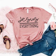 Jesus Everything T-Shirt White Custom Cotton Christian Tshirt, Jesus Shirts, Christian Clothing, Christian Shirts, Nice Tops, Unisex Shirt, Custom Tshirts, Workout Shirts, Heather Grey