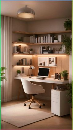 a home office with a laptop on the desk and shelves full of books, plants, and other items