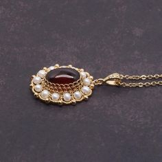 Elegant Yellow Gold Garnet Necklace, Elegant Gold Garnet Necklace, Elegant Garnet Necklaces For Weddings, Elegant Garnet Necklace For Wedding, Victorian Pearl Chain Necklace As Gift, Gold Garnet Necklace For Wedding, Elegant Garnet Necklaces For Anniversary, Victorian Pearl Pendant Necklace Gift, Garnet And Pearl