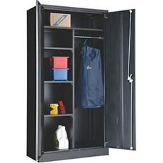 an open locker with clothes and cleaning supplies