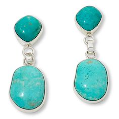 Jay King Sterling Silver Azure Peaks Turquoise Drop Earrings  Beautiful blue-green Mongolian turquoise gives these handcrafted sterling silver earrings a chic pop of genuine gemstone color. From Jay King.        Approx. 1-7/16"L x 1/2"W     Stamped .925     Pierced with clutch backs     Earrings have freeform turquoise drops attached to freeform turquoise post fronts     All stones bezel-set   Stone Information       All sizes and weights approximate     Stabilized Blue-Green Azure Peaks Turquoi Turquoise Drop Earrings, Color Bands, Turquoise Jewelry, Gemstone Colors, Beautiful Blue, Sterling Silver Earrings, Jay, Silver Earrings, Blue Green