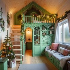 a living room filled with furniture and christmas decorations