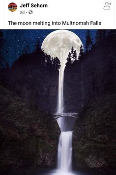 the moon is setting over a waterfall and it looks like it's floating in the air