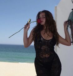 a woman in a black dress holding a rose and looking at the camera while standing on a beach