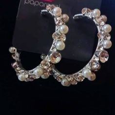 Paparazzi Silver With White Rhinestones And Pearls Hoop Earrings Pearl Hoop Earrings, White Rhinestone, Paparazzi Jewelry, Jewelry Earrings, Hoop Earrings, Women Jewelry, Silver, Women Shopping, White