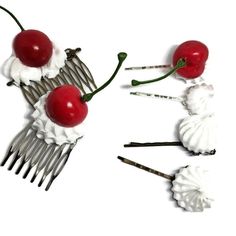 Whipped Cream Hair Accessory Meringue Bobby Pins Cherry Hair Combs Rockabilly Style Cute Kawaii Sweet Dessert Jewelry Glamasaurus Handmade These hair accessories were made by me.  The hair pins are 6.5cm 2.5 inches Bronze Comb 6.5cm 2.5 inches wide and 5.5cm 2 inches high Silver Comb 4cm 1.5 inches wide and 7cm almost 3 inches high Weird Hair Accessories, Gyaru Hair Accessories, Cherry Accessories, Cherry Hair Pin, Hime Gyaru Hair Accessories, Harajuku Hair Clips, Decora Hair Clips, Rockabilly Style, Gyaru Hair