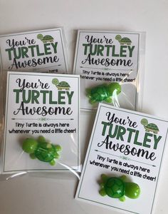 three turtle themed candy bags with the words you're turtley awesome on them