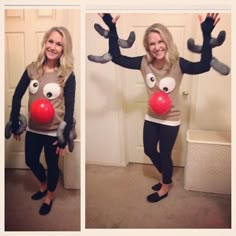 the woman is posing with her hands in the air and holding a red ballon