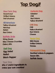 the top dog menu is displayed on a white board with black lettering and colorful images