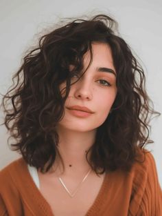 Mid Length Layered Curly Haircuts, Long Bob Naturally Curly Hair, Haircuts 2c Hair, Shoulder Length Permed Hair Loose Waves, Naturally Curly Long Bob, Mid Length Curly Bob, Curly Reddish Brown Hair, Center Part Curly Hair, Med Length Curly Hairstyles